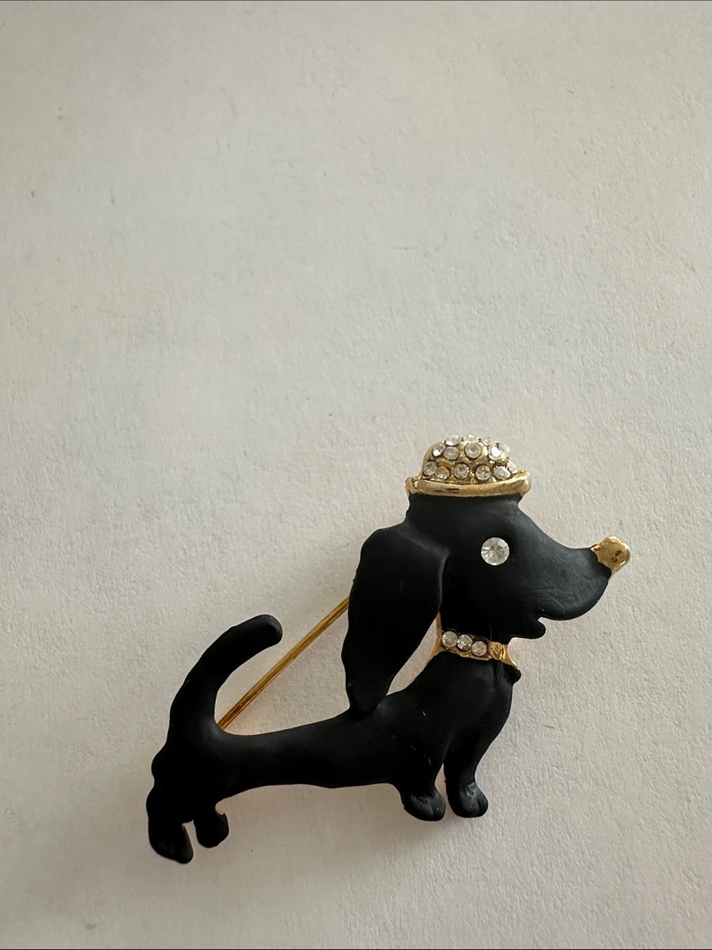 Black Dachshund Brooch Pin with Rhinestone Hat and Collar